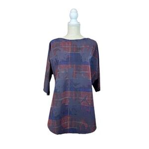 mSquare By Neetu Malik Textured Tunic Blouse Womens OS Boat Neck Black Plaid